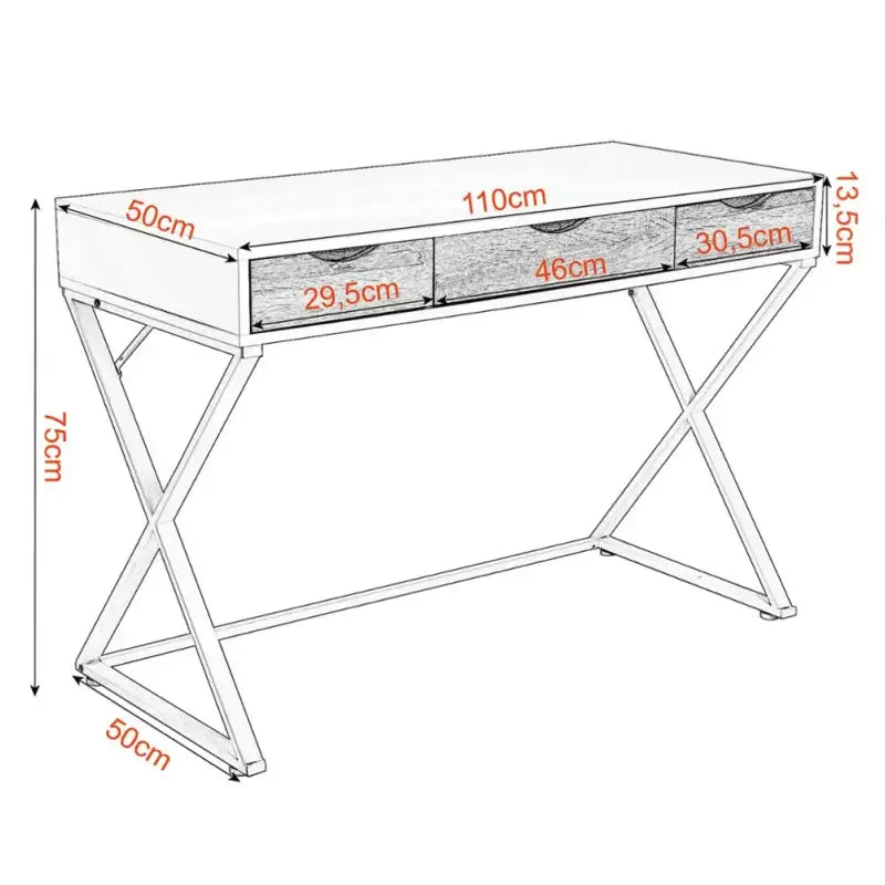BukkitBow modern wit bureau met lades, hout en metaal, 110x50 cm, stevig en ruim, geschikt als werk- of studeertafel