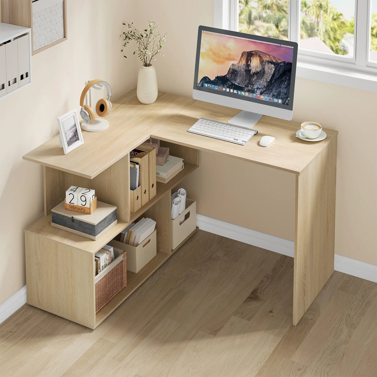 Moderne BukkitBow hoekbureau met 4 open opbergvakken en strak design, geschikt voor kantoor of thuiswerkplek.