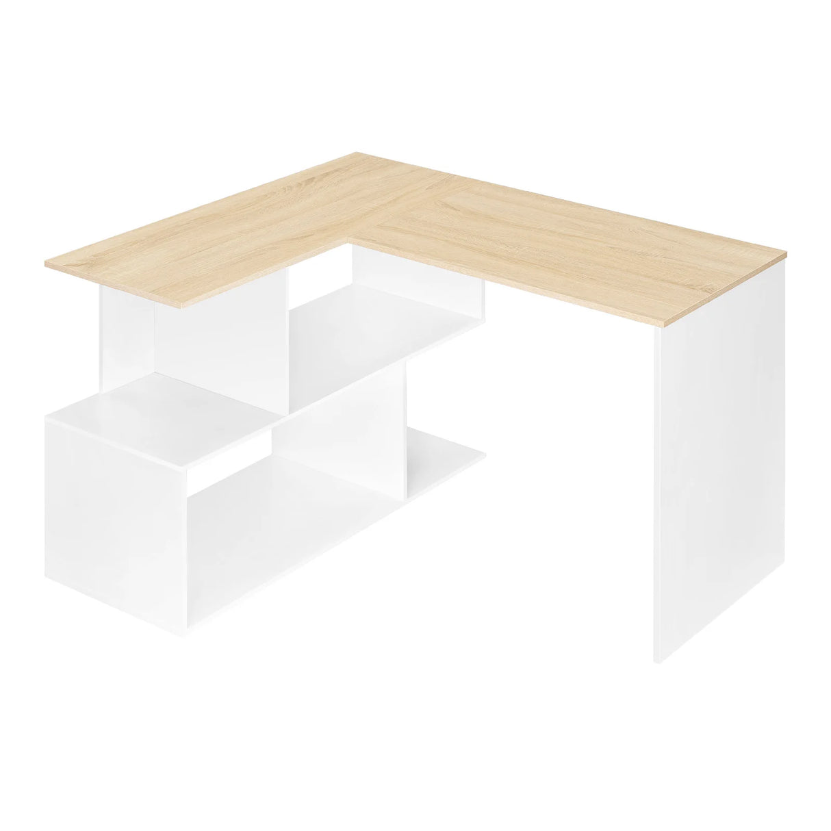 Modern BukkitBow hoekbureau met vier open opbergvakken, zwart metalen frame en houten werkblad, ideaal voor thuis of kantoor.