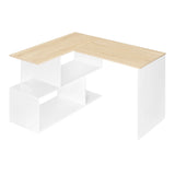 Modern BukkitBow hoekbureau met vier open opbergvakken, zwart metalen frame en houten werkblad, ideaal voor thuis of kantoor.