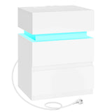 Modern BukkitBow nachtkastje met RGB LED-verlichting en laadstation, met lade en open opbergvak, zwart finish.