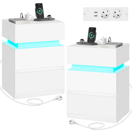 Moderne BukkitBow nachtkastje met RGB LED-verlichting en laadstation, inclusief lade en strakke design, voor een stijlvolle slaapkamer.