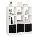BukkitBow moderne Vakkenkast met drie stoffen laden en open compartimenten, ideaal voor woonkamer of kantoor.