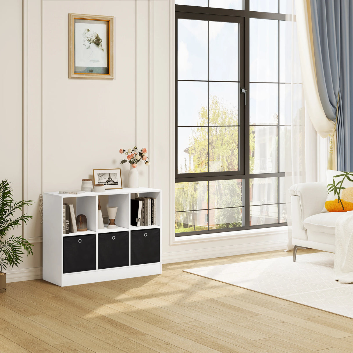 BukkitBow moderne vakkenkast met drie stoffen laden en open boekenkast voor opbergen en decoratie in woonkamer of kantoor