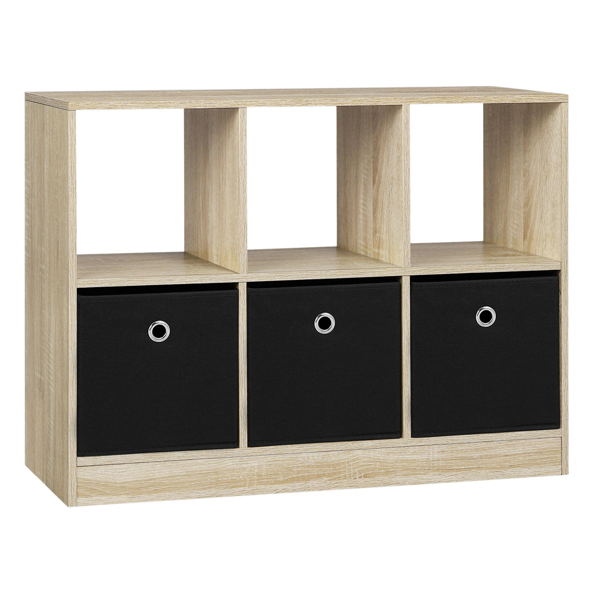Moderne BukkitBow vakkenkast met drie stoffen laden en open boekenkast voor een stijlvolle opbergruimte.
