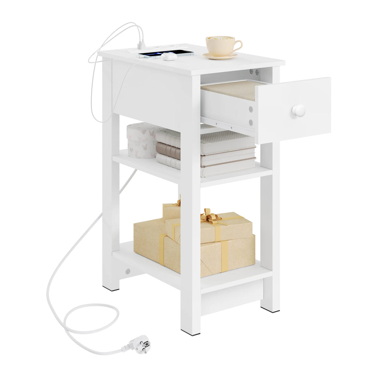 Wit BukkitBow nachtkastje met stopcontact en USB-poort, smal modern design, zichtbaar met lade en stijlvolle afwerking.