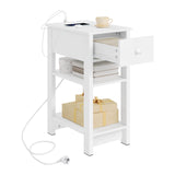 Wit BukkitBow nachtkastje met stopcontact en USB-poort, smal modern design, zichtbaar met lade en stijlvolle afwerking.