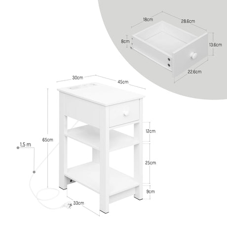 Wit nachtkastje van BukkitBow met stopcontact en USB-poort, smal modern ontwerp, geschikt voor slaapkamer of woonkamer.