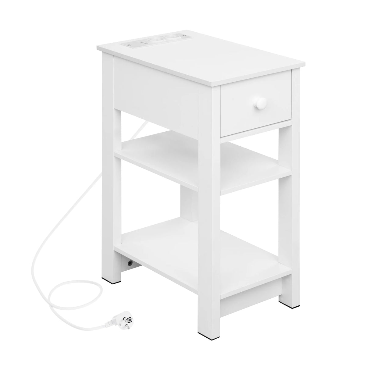 Modern wit BukkitBow nachtkastje met stopcontact en USB, smal design, geschikt voor naast het bed.