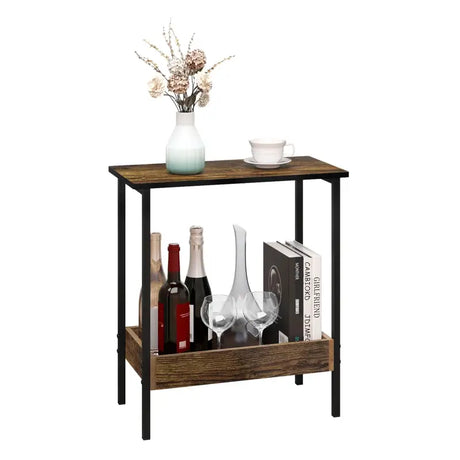 Moderne BukkitBow bijzettafel met dubbele plank, geschikt als nachtkastje of wijnrek, met extra vak voor boeken of wijnflessen.
