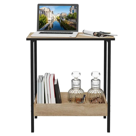 Moderne BukkitBow bijzettafel met dubbele plank, geschikt als nachtkastje of wijnrek, met extra vak voor boeken of wijnflessen
