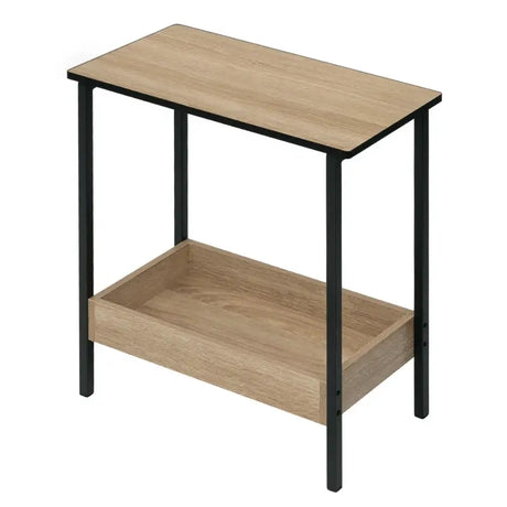 Moderne BukkitBow bijzettafel met dubbele plank, geschikt als nachtkastje of wijnrek, met extra vak voor boeken of wijnflessen.