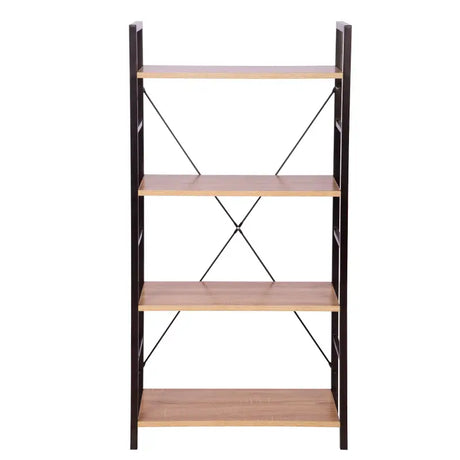 Moderne BukkitBow boekenkast met 4 lagen, zwart metalen frame en licht eikenhouten planken, afmeting 60x28x116cm.