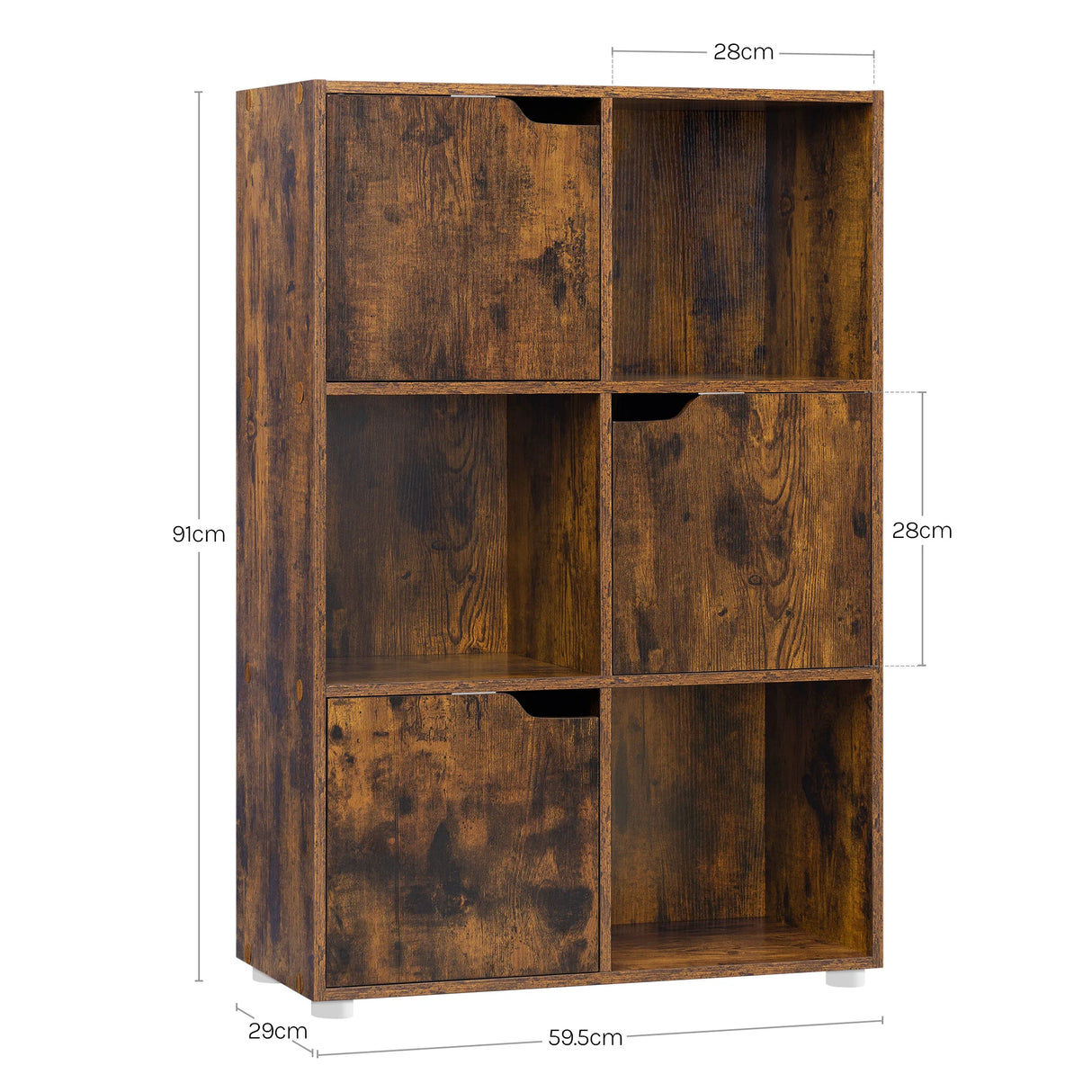 Moderne BukkitBow boekenkast met 6 vakken, 3 deurtjes, Scandinavisch design, wit houten meubel voor woonkamer of kantoor.