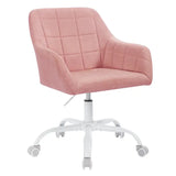 Moderne BukkitBow bureaustoel op wielen met linnen velvet bekleding, verstelbare hoogte en 360° draaibaar, met metalen frame en schuimvulling.