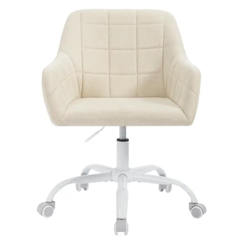 Moderne BukkitBow bureaustoel met linnen en velvet bekleding, metalen frame, verstelbare hoogte en 360° draaibaar op wielen.