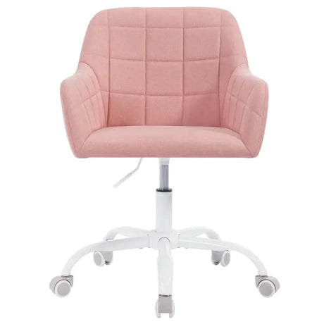 Moderne BukkitBow bureaustoel met linnen velvet, metalen frame, verstelbare hoogte en 360° draaibaar op wielen.