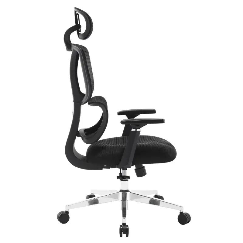 Moderne BukkitBow bureaustoel met verstelbare rug- en lendensteun, 3D PU armleuningen en mesh stof, zwart, tot 150 kg draagvermogen.