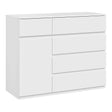Moderne BukkitBow commode met 5 laden en opbergkast, verstelbare planken, strak design en praktische opbergoplossing.