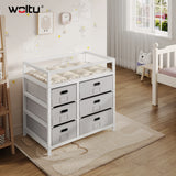 Moderne BukkitBow commode met 6 laden, wit en grijs, inclusief aankleedblad en stijlvolle opbergoplossing.