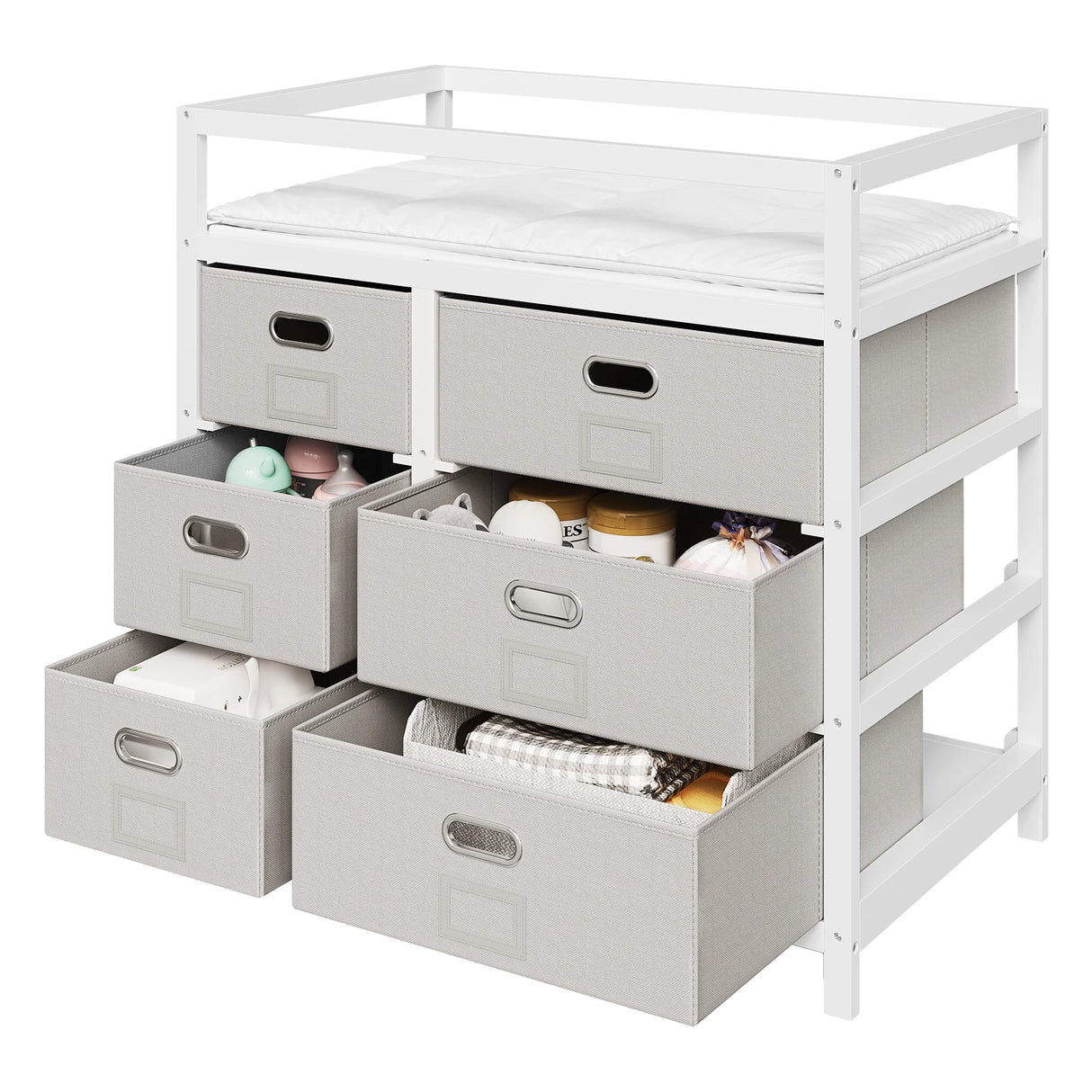 Moderne BukkitBow commode in wit en grijs met 6 laden en aankleedblad, geschikt voor slaapkamer of kinderkamer.