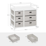 Moderne BukkitBow commode in wit en grijs met 6 laden en aankleedblad, geschikt voor stijlvolle slaapkamers.