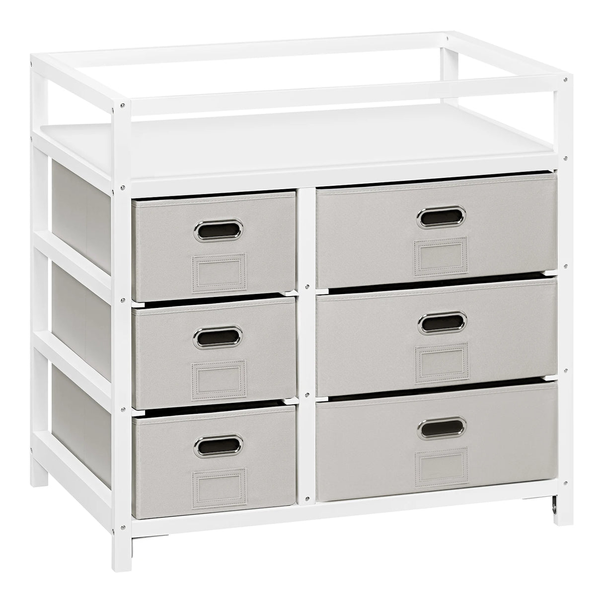 Moderne witte en grijze BukkitBow commode met 6 laden en aankleedblad, geschikt voor stijlvolle slaapkamers.