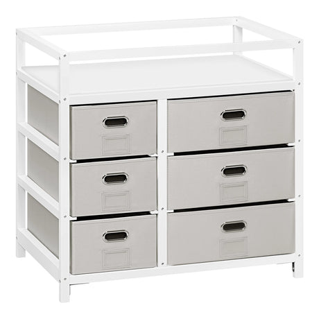 Moderne witte en grijze BukkitBow commode met 6 laden en aankleedblad, geschikt voor stijlvolle slaapkamers.