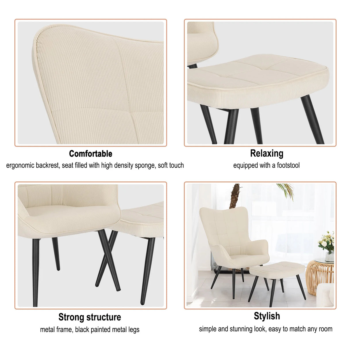 Moderne BukkitBow corduroy fauteuil met voetenbank en retro design, zacht bekleed en comfortabele zitting.