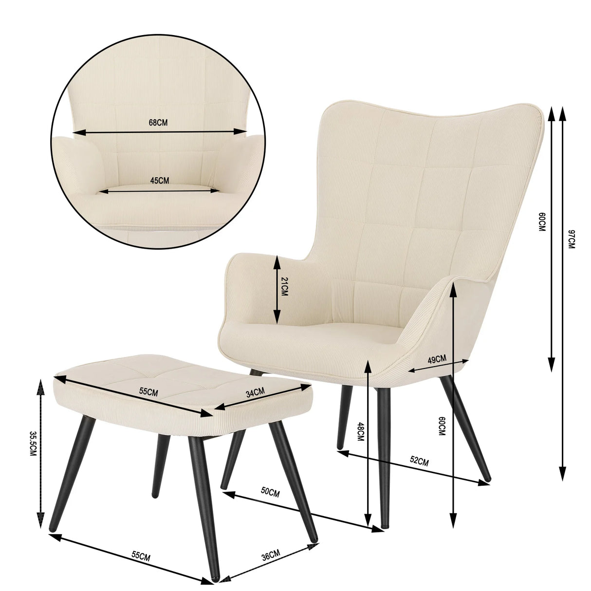 BukkitBow moderne corduroy fauteuil met voetenbank in retro design, comfortabel zitmeubel met zachte bekleding en stijlvolle uitstraling