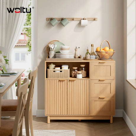 Moderne BukkitBow dressoir met 3 laden en verstelbare planken, strak design en houtafwerking, geschikt voor woonkamer of eetkamer.