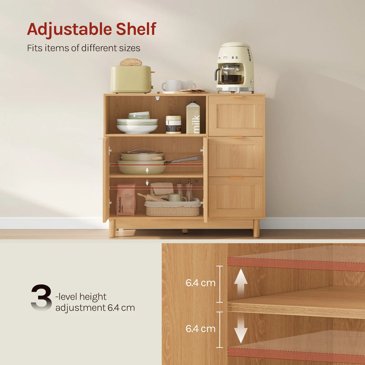 Moderne BukkitBow dressoir met 3 laden en verstelbare planken, geschikt voor woonkamer of slaapkamer, zwart en houtafwerking.