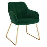 Moderne BukkitBow eetkamerstoel van fluweel met gouden metalen poten, stijlvolle en comfortabele zithoogte van 48,5 cm.