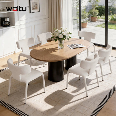 Set van 2 moderne BukkitBow eetkamerstoelen met metalen onderstel en wielen, comfortabele zitmeubels voor de eetkamer.