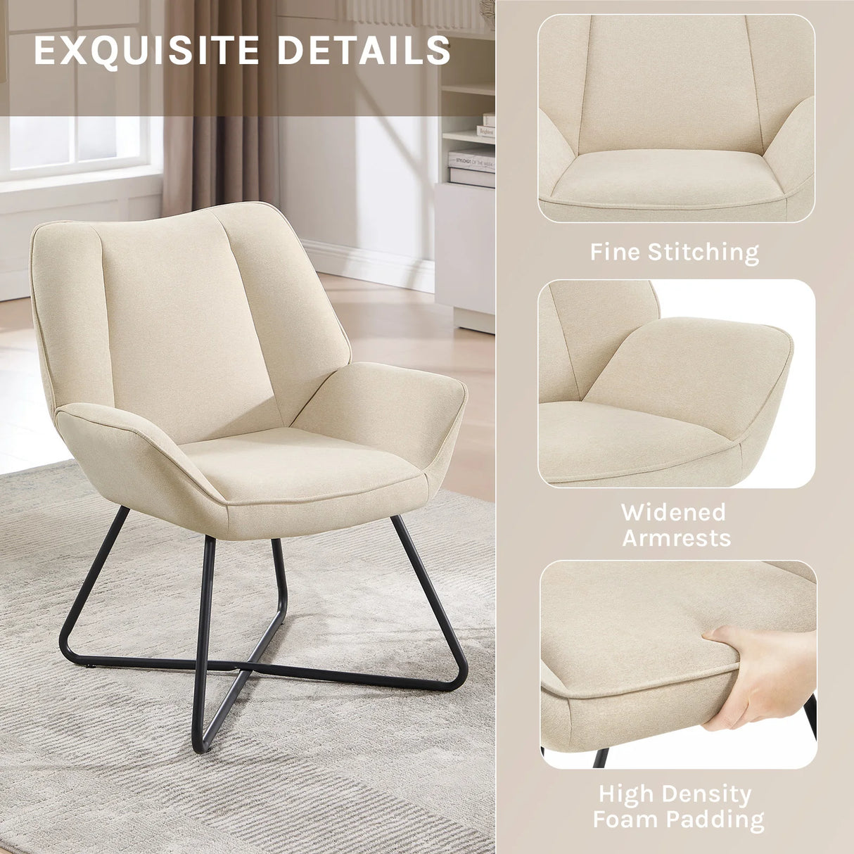 Moderne linnen fauteuil van BukkitBow met X-vormig onderstel, stijlvolle en comfortabele zithoek voor in de woonkamer