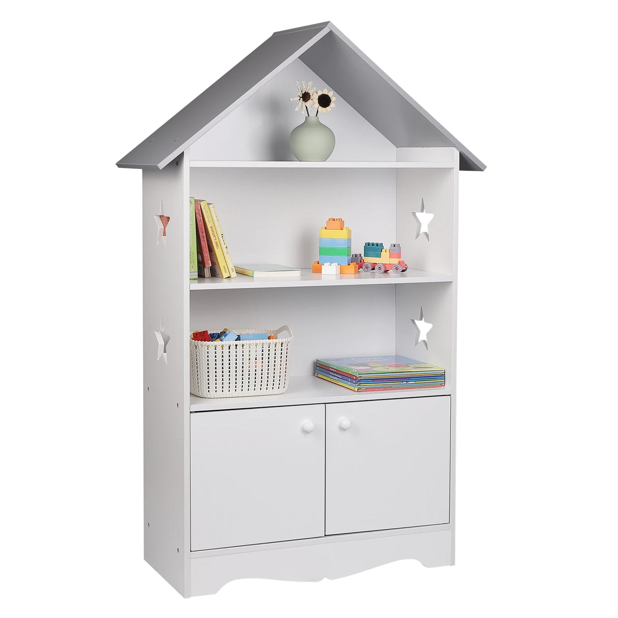 Moderne BukkitBow kinderboekenkast met stervormig design en kastdeurtje, kleurrijk en kindvriendelijk, ideaal voor de kinder- of speelhoek.