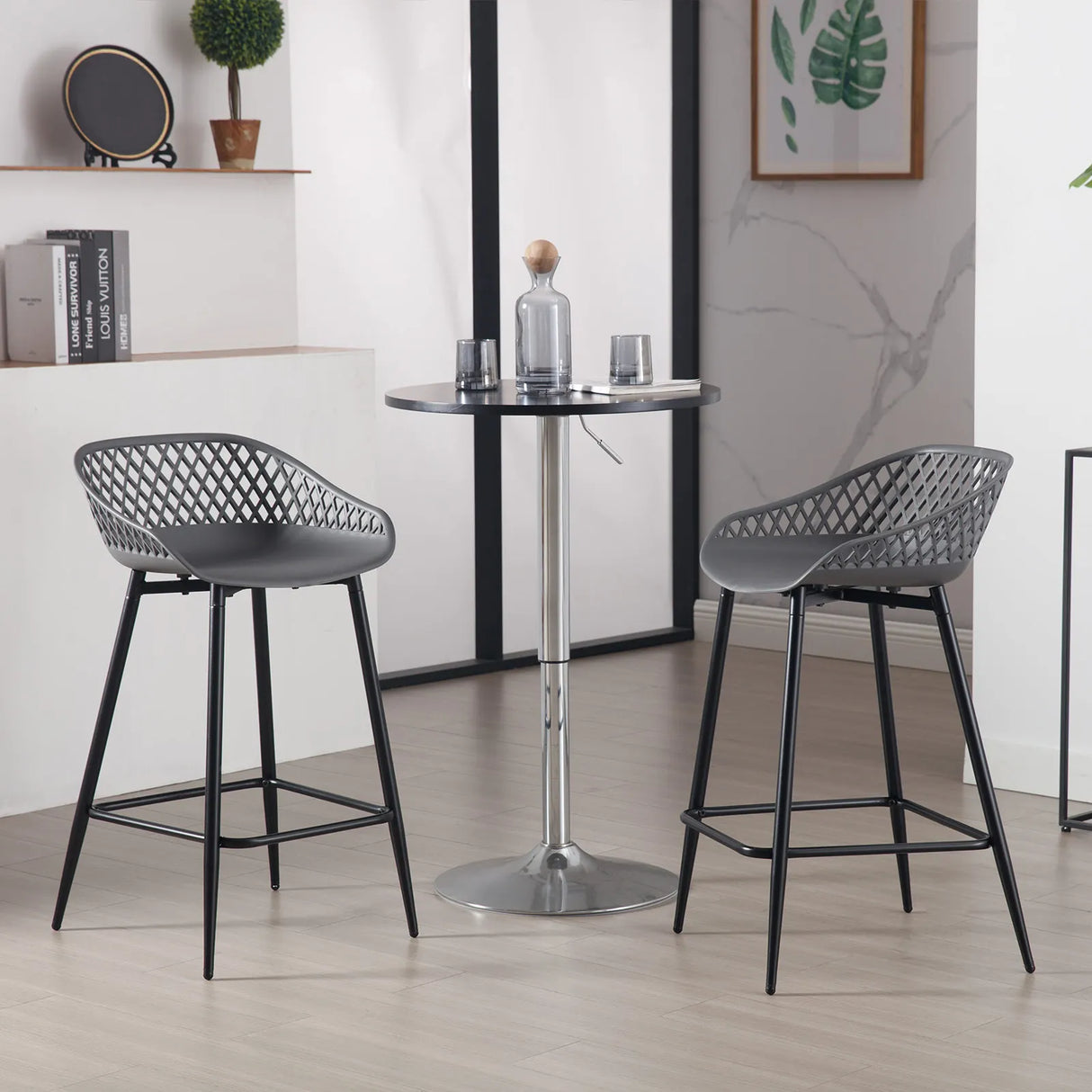 Set van 2 moderne kunststof barkrukken van BukkitBow met open rugleuning, stevig en comfortabel, geschikt voor keuken of bar.