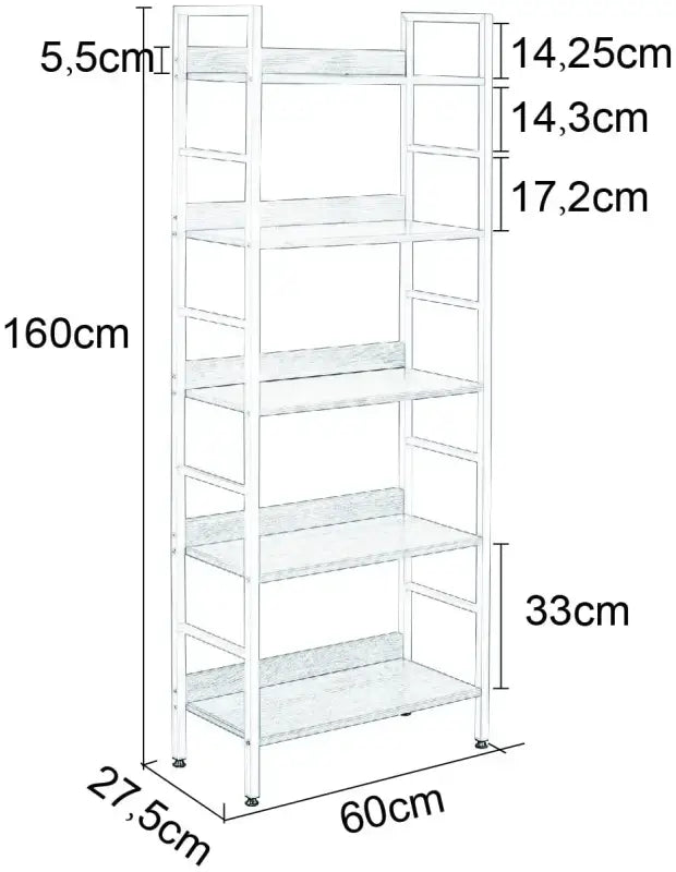 BukkitBow moderne open boekenkast met 5 lagen, stevig en duurzaam, zwart design, afmetingen 60x27,5x160 cm, voor opbergen en decoratie.