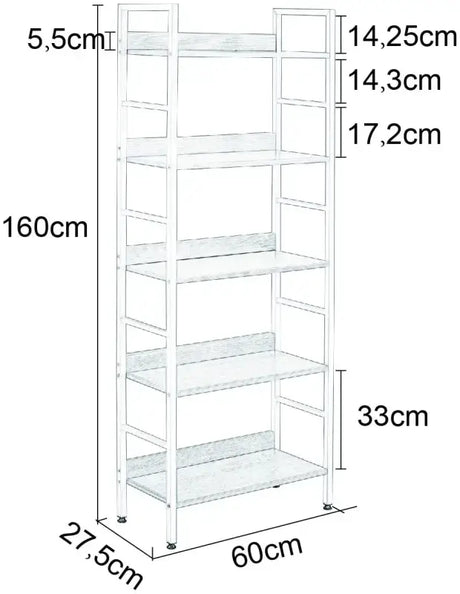 BukkitBow moderne open boekenkast met 5 lagen, stevig en duurzaam, zwart design, afmetingen 60x27,5x160 cm, voor opbergen en decoratie.