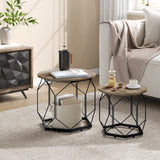 Set van 2 moderne ronde salontafels van BukkitBow, met metalen frame en houtlook, geschikt als bijzettafels in woonkamer.