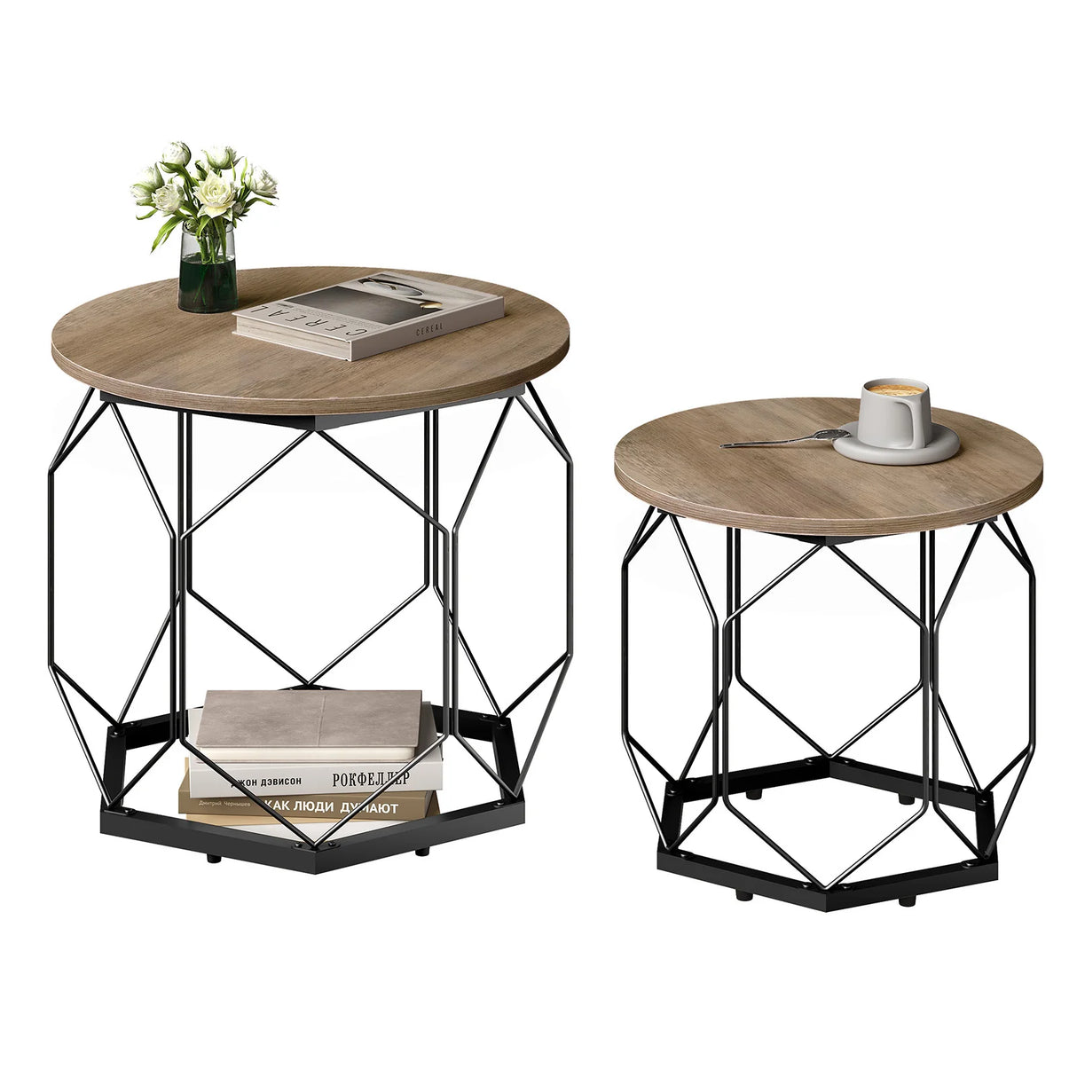 Set van 2 moderne ronde bijzettafels van BukkitBow, met metalen frame en houten uitstraling, geschikt voor woonkamer.