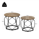 Set van 2 moderne ronde bijzettafels van BukkitBow, met metalen frame en houtlook afwerking.