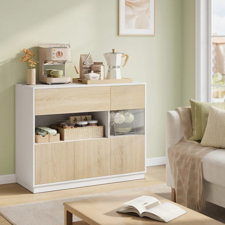 Moderne Scandinavische BukkitBow dressoir met acrylglazen deuren en houten afwerking, strak en eigentijds meubelstuk voor woonkamer