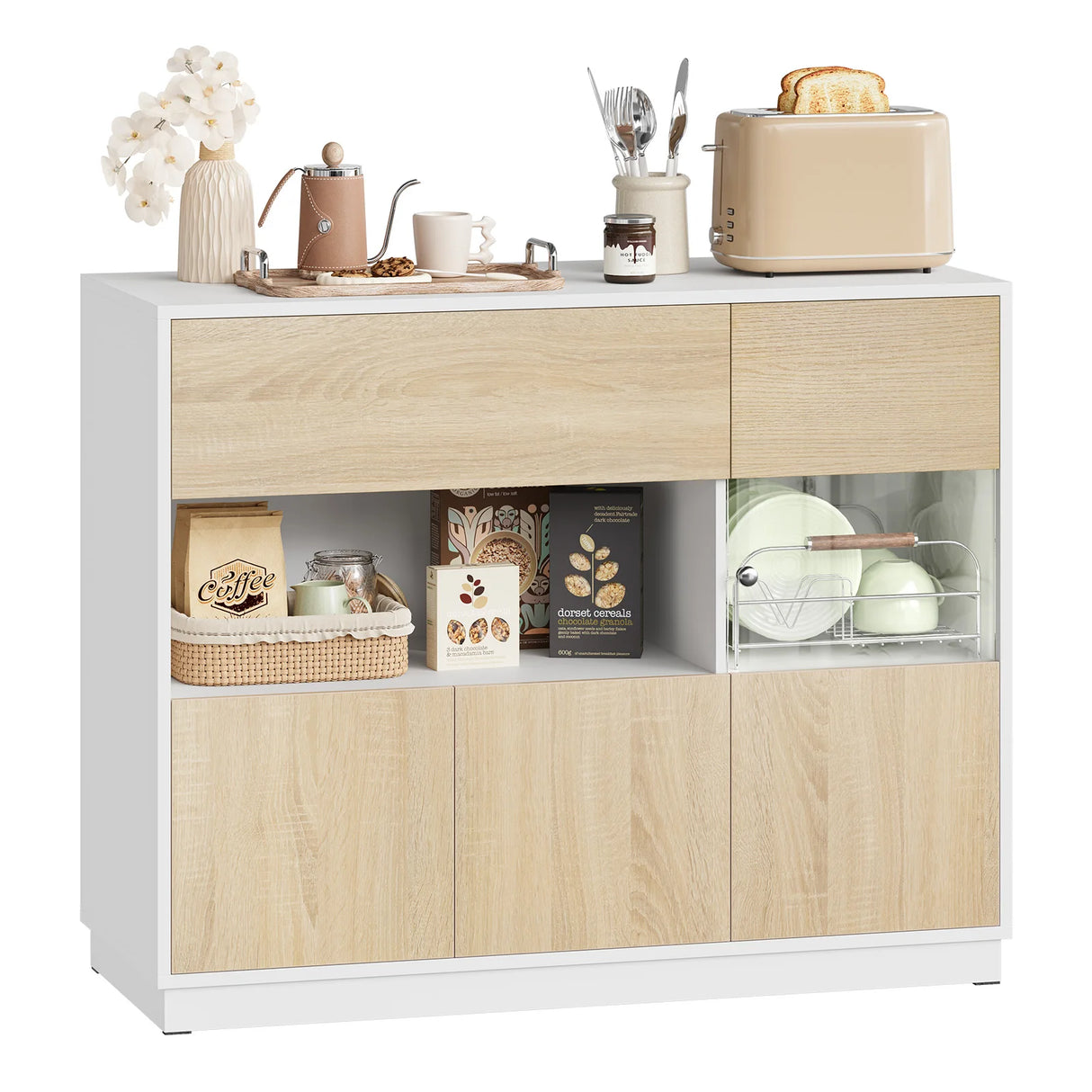 Moderne Scandinavische BukkitBow dressoir met acrylglazen deuren, strakke lijnen en houten afwerking, perfect voor eigentijdse interieurstijl.