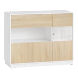 Moderne Scandinavische BukkitBow dressoir met acrylglazen deuren en houten afwerking, geschikt voor woonkamer of eetkamer.