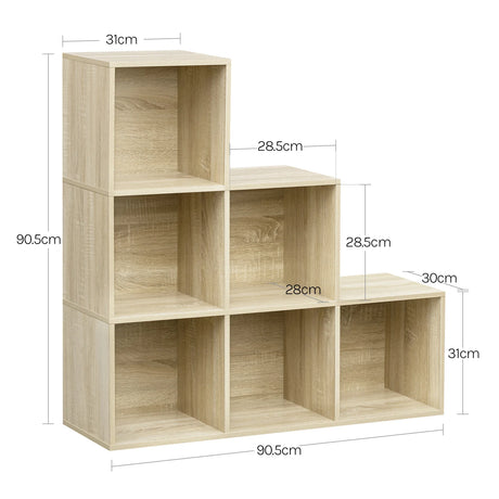 Moderne BukkitBow boekenkast in trapvorm met 6 open vakken, zwart houten design voor stijlvolle opbergruimte