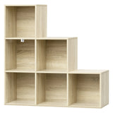 Moderne trapvormige BukkitBow boekenkast met zes open vakken, stevige houten constructie en strakke design voor woonkamer of kantoor.