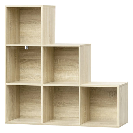Moderne trapvormige BukkitBow boekenkast met zes open vakken, stevige houten constructie en strakke design voor woonkamer of kantoor.