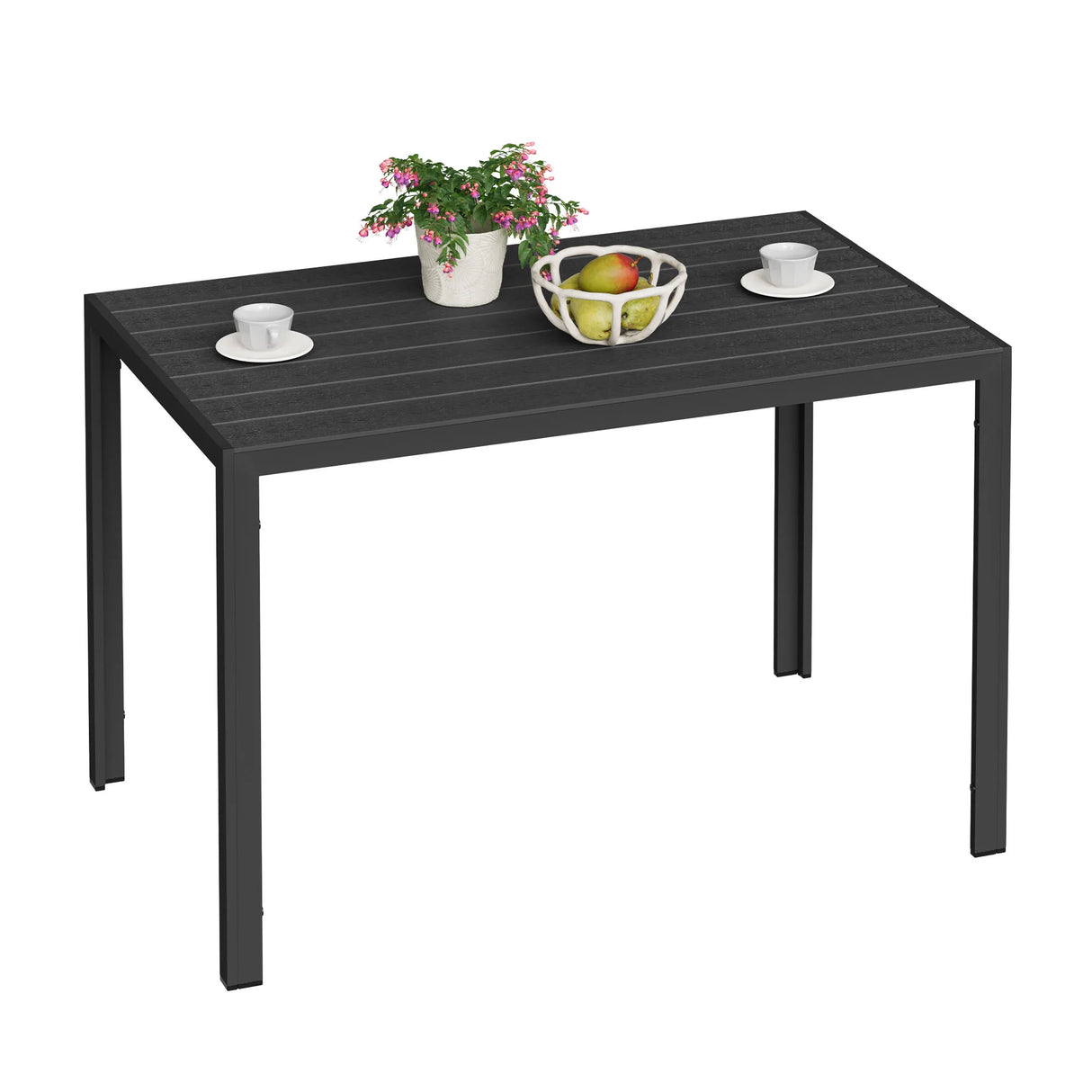 Moderne BukkitBow tuintafel met aluminium frame en WPC tafelblad, geschikt voor buitengebruik en tuinset.
