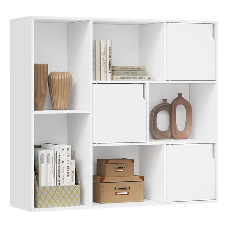 BukkitBow moderne vakkenkast met 8 verstelbare, krasbestendige vakken, geschikt voor boeken en decoratie in een woonkamer of kantoor.